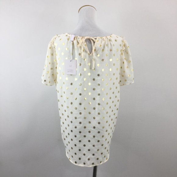 NWT LC LAUREN CONRAD Beige Gold Print Tie Back Collar Short Sleeve Shirt - Picture 8 of 11